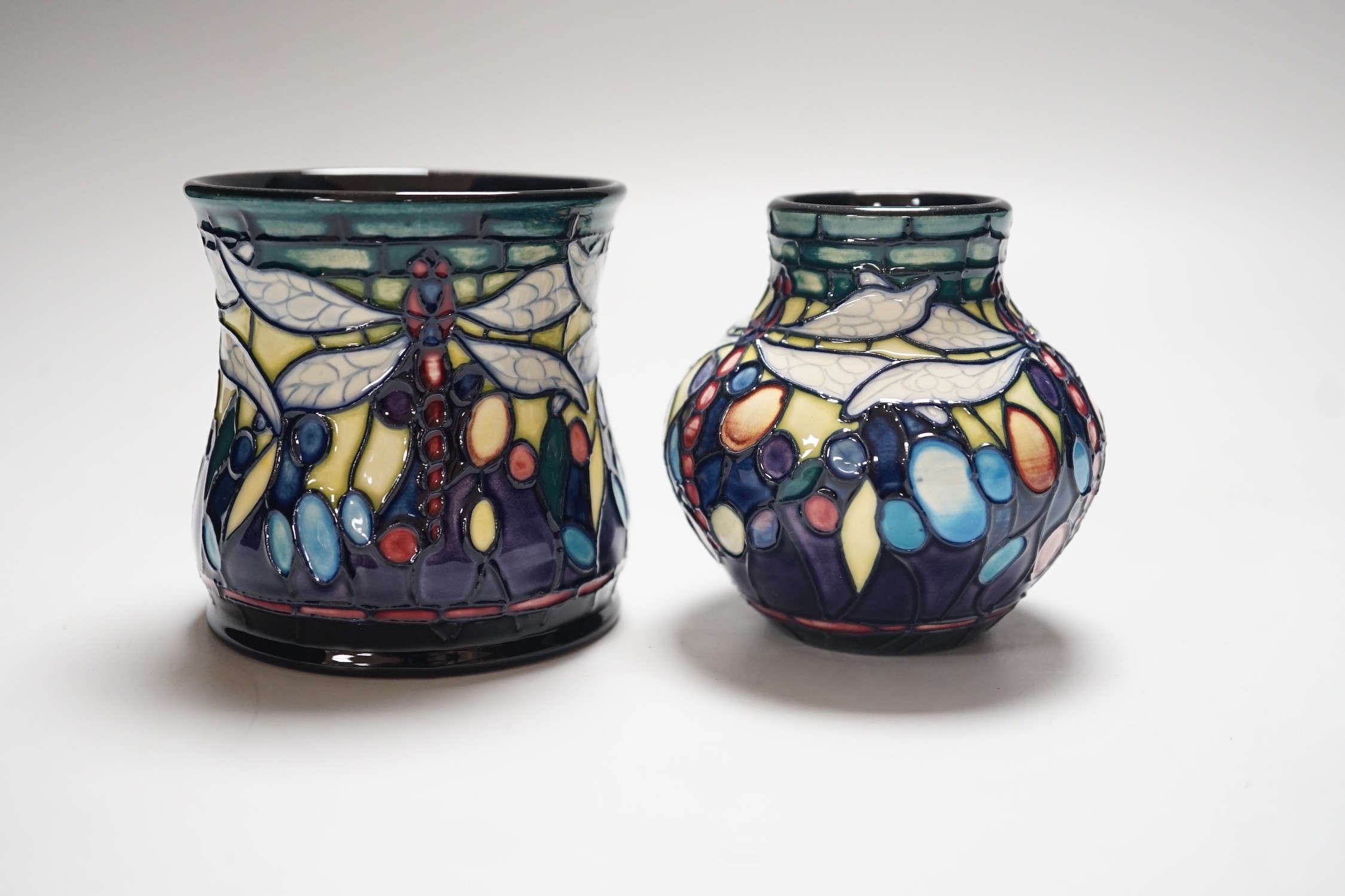 A boxed Moorcroft ‘Dragonfly’ mug and a similar vase, mug 8.5cms high